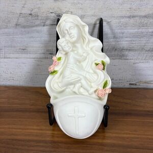 Italian Virgin Mary and Baby Jesus Ceramic Floral Display Wall Decor Handmade 7"